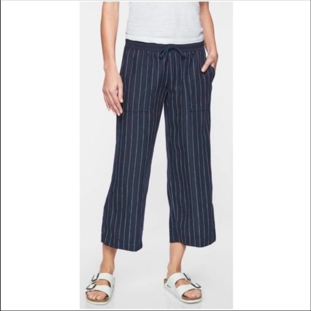 Athleta Bali Linen Navy Stripe Crop Pants